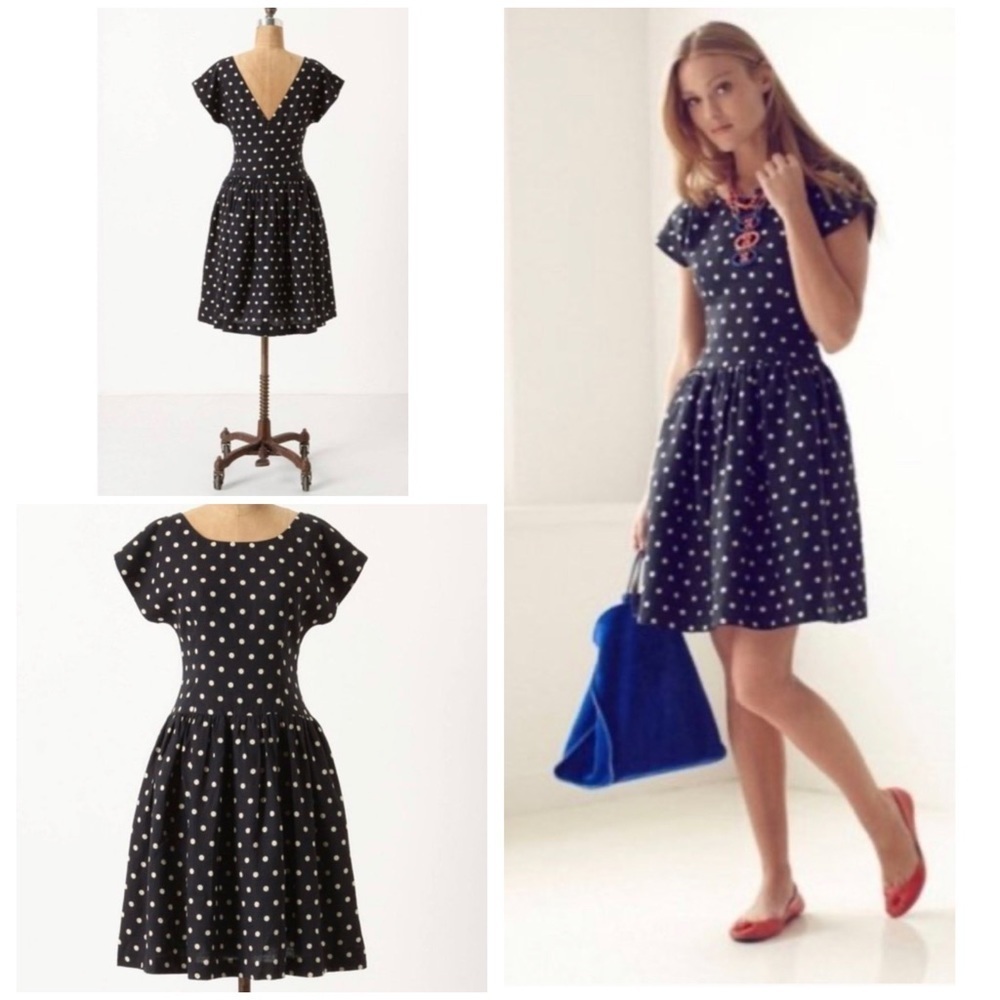 Anthropologie Lili's Closet Dropped Dot Navy Linen Polka Dots Rachel Berry Dress